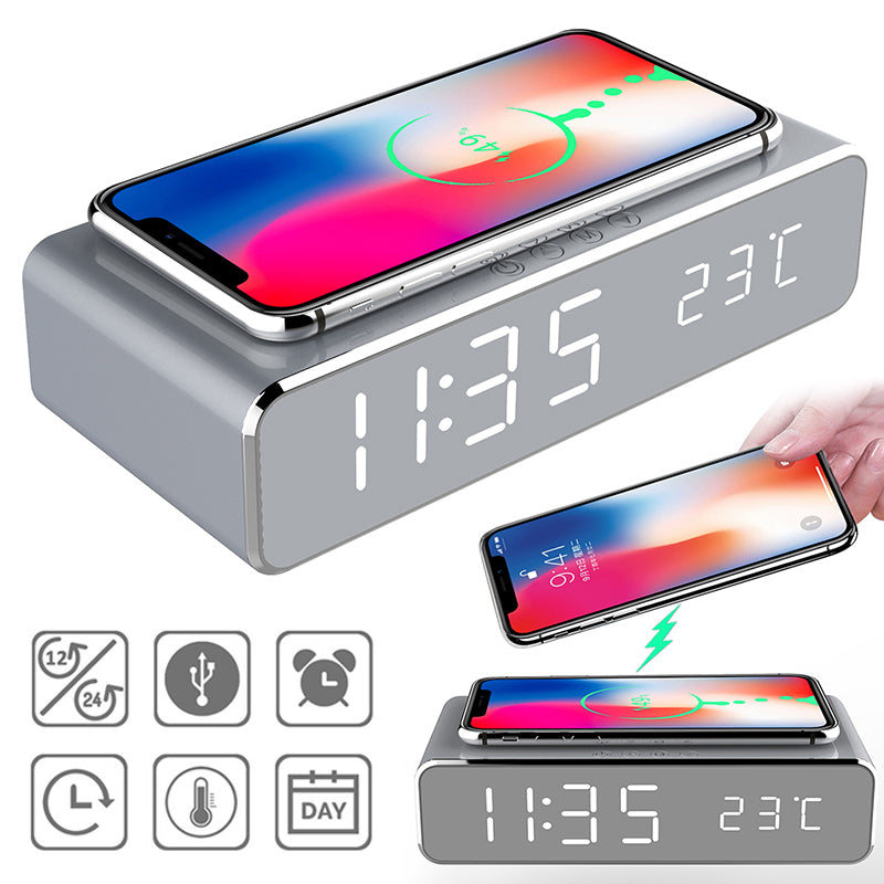 Ceas Digital LED cu Încărcare Wireless și Termometru