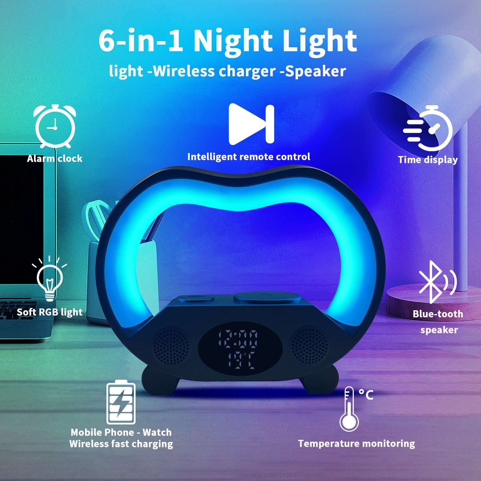 Lampă LED 6 în 1 cu Încărcare Wireless, Bluetooth și Telecomandă