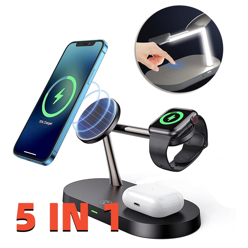 Stație Încărcare Wireless Magnetică 5-în-1 cu Lampă Noapte